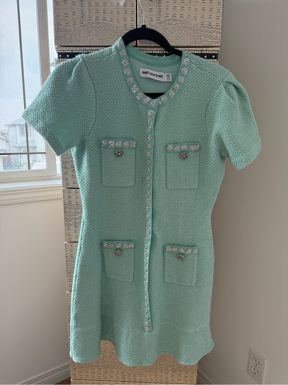 Self-Portrait Seafoam Green Tweed Dress with Jeweled Trim